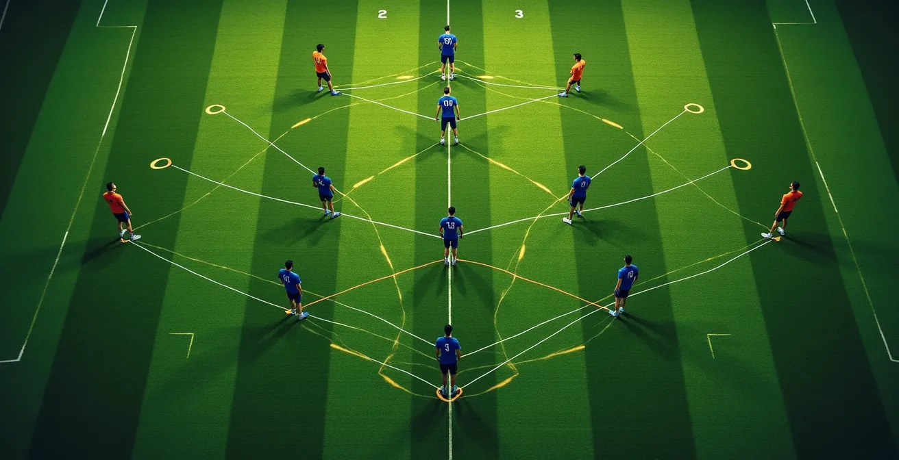 Vue aérienne d'une formation tactique 4-3-3 sur un terrain de football avec des joueurs en mouvement