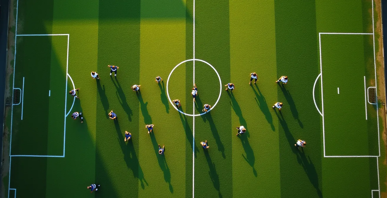Vue aérienne d'un terrain de football avec des formations tactiques représentées par des joueurs formant des motifs géométriques