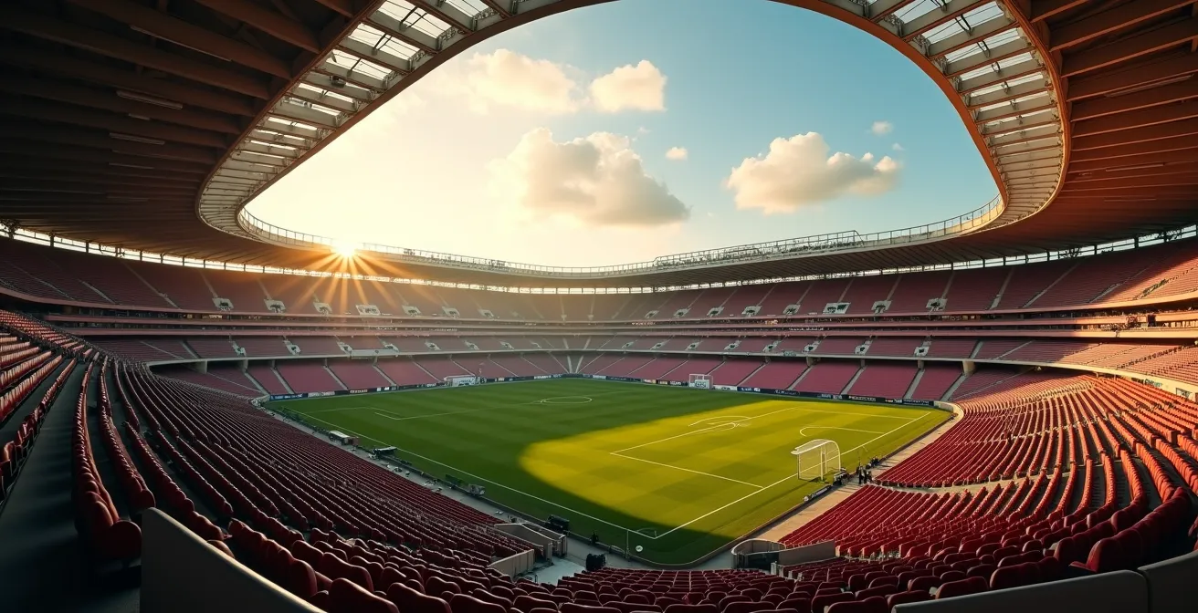 Vue large d'un stade de football montrant différentes sections de supporters avec des perspectives visuelles variées sur le terrain