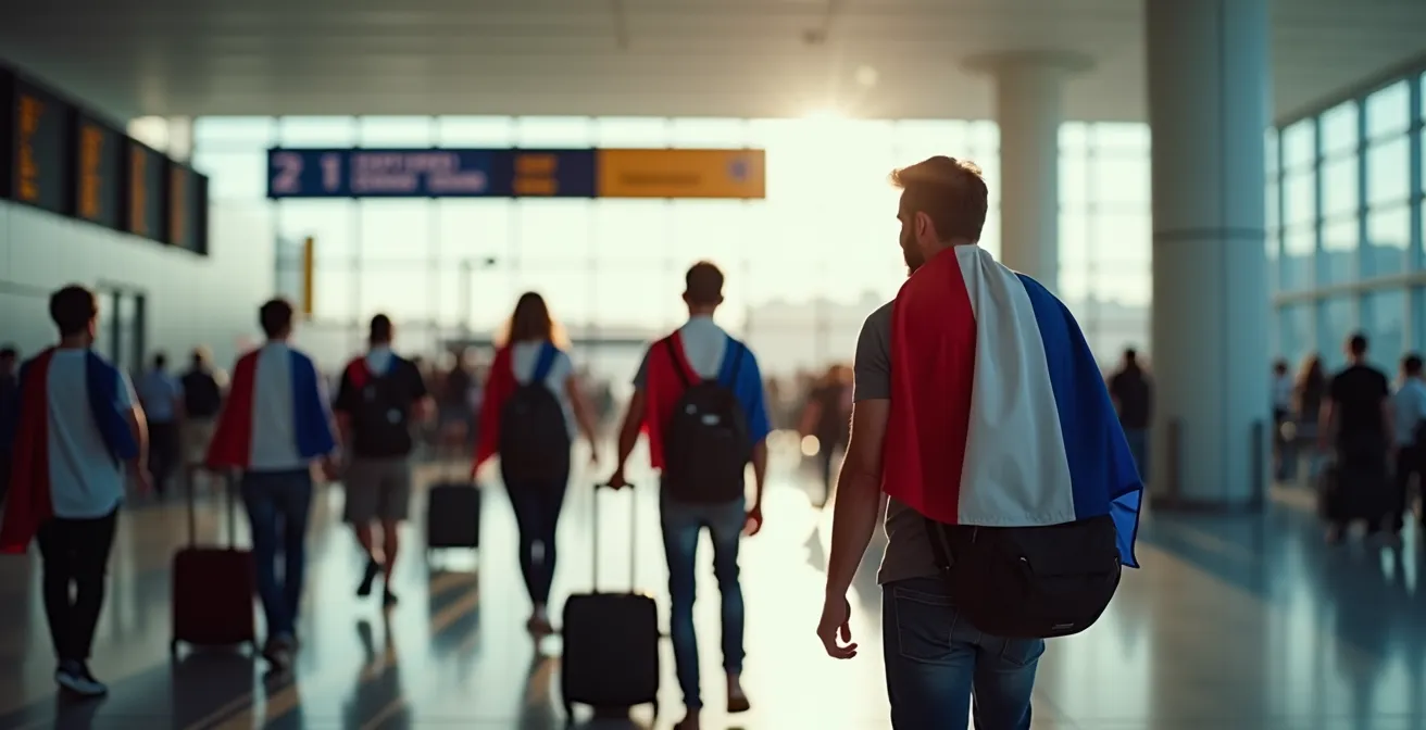 Groupe de supporters français avec bagages et maillots à l'aéroport avant le départ pour la Coupe du Monde
