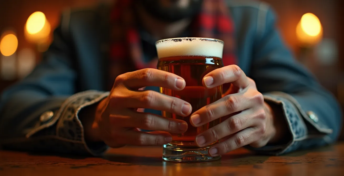 Mains d'un supporter préparant son rituel d'avant-match dans un bar près du stade