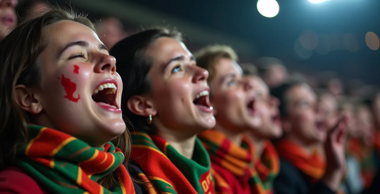 Milliers de supporters chantant à l'unisson dans un virage avec écharpes levées