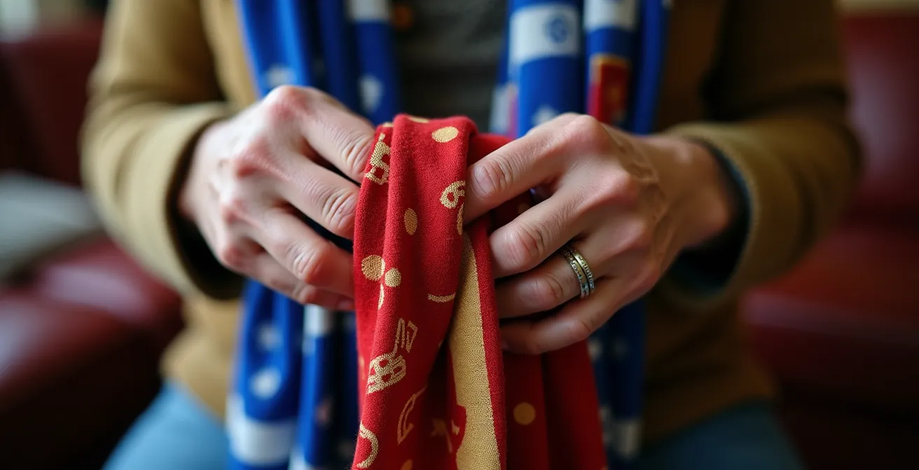 Supporter tenant deux écharpes entrelacées, une aux couleurs de son club et une tricolore