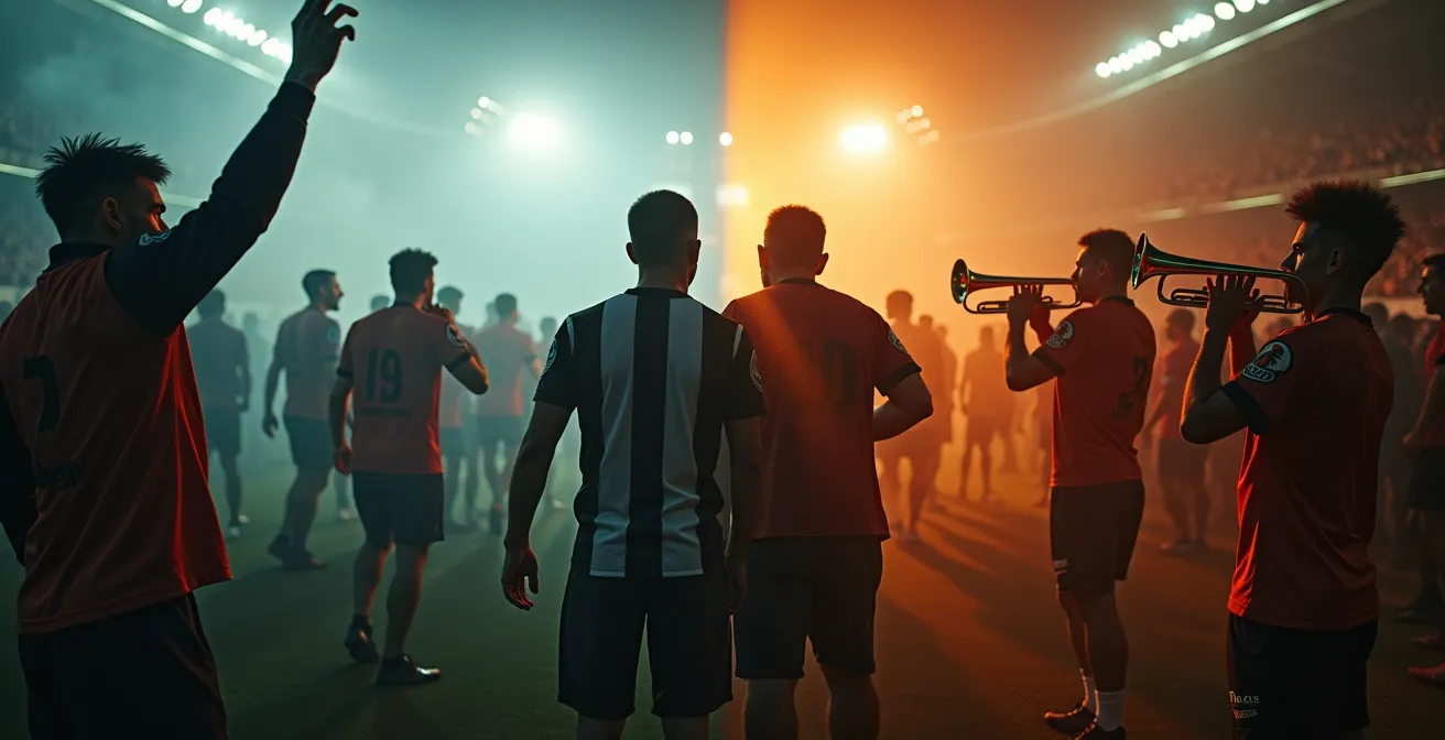 Comparaison visuelle entre supporters de football avec fumigènes et supporters de rugby avec bandas