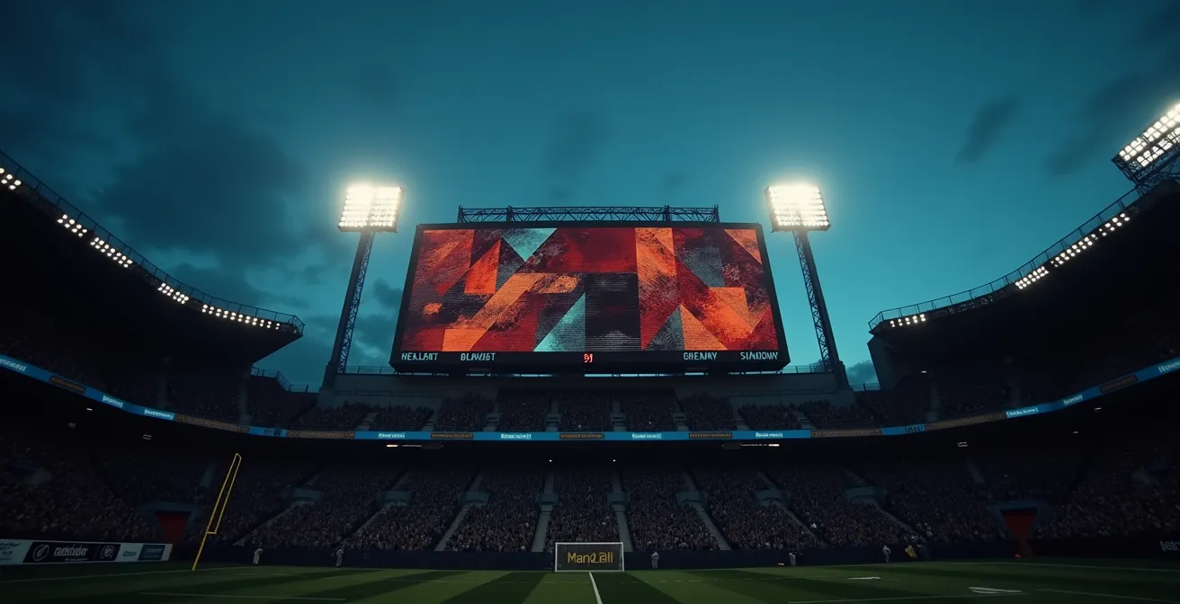 Vue symbolique d'un tableau d'affichage de stade français avec jeu de lumières dramatique