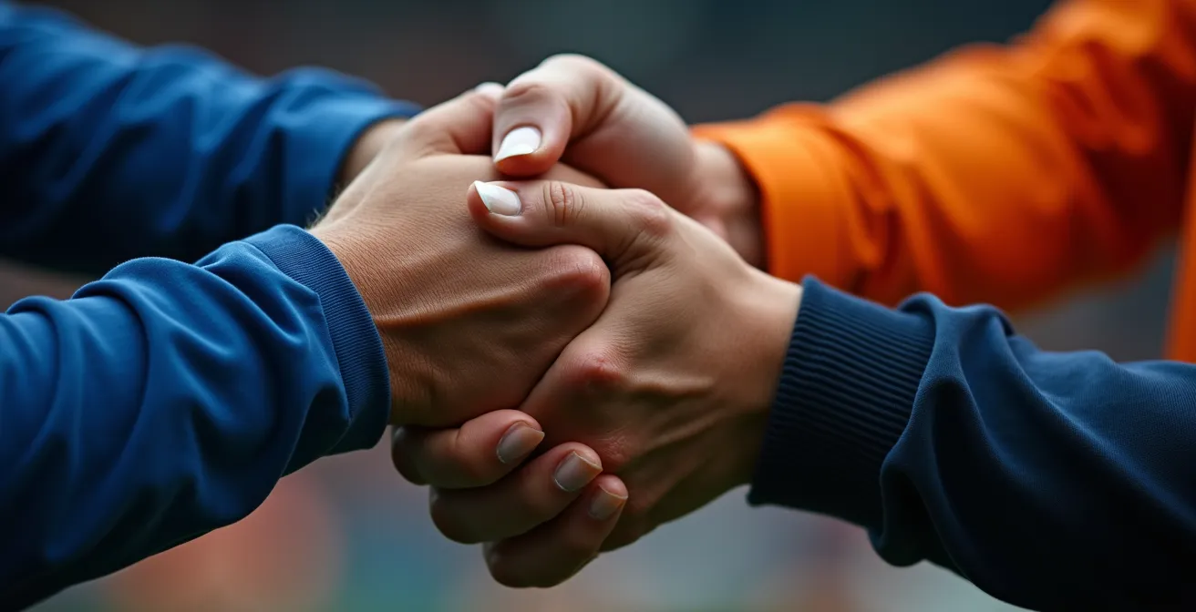 Gros plan macro sur les mains crispées et entrelacées de supporters pendant une séance de tirs au but