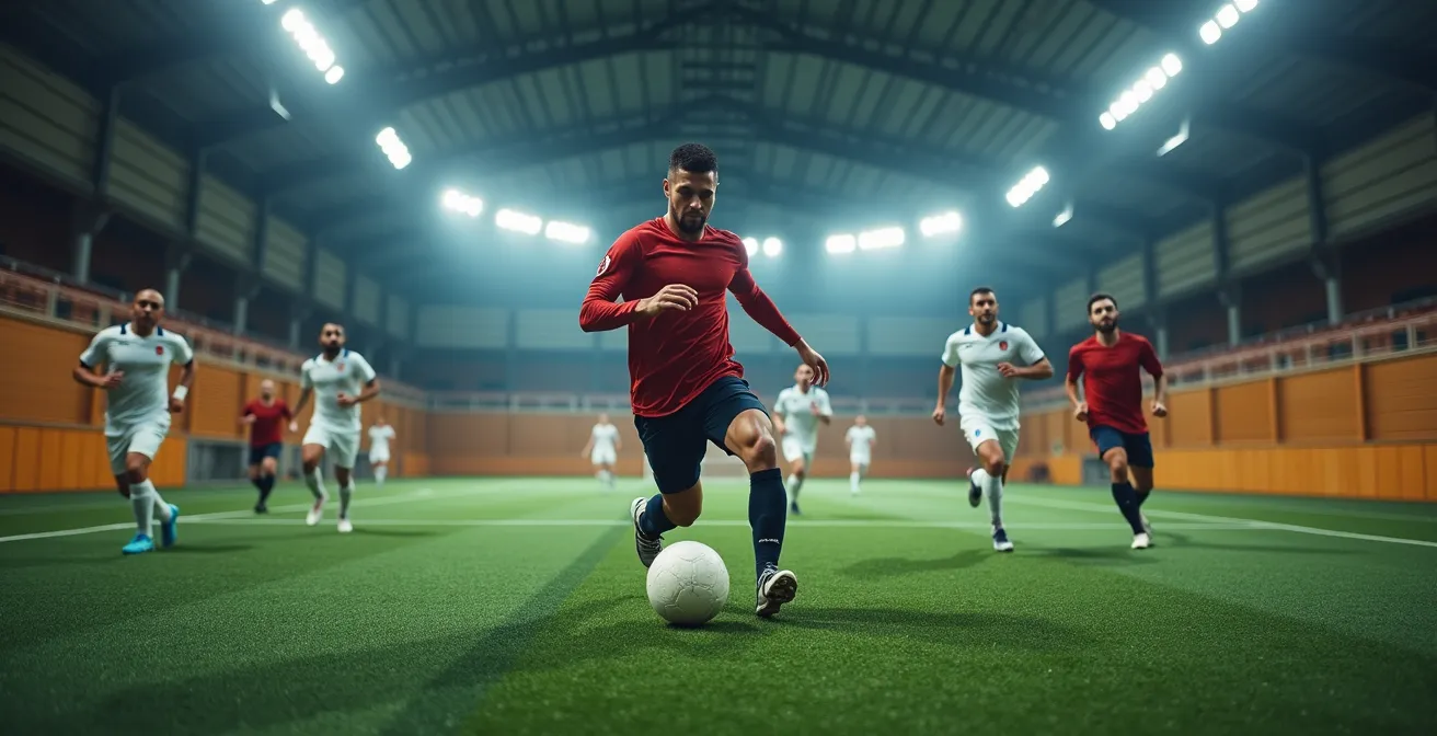 Terrain de foot à 5 indoor avec palissades et gazon synthétique, joueurs en action