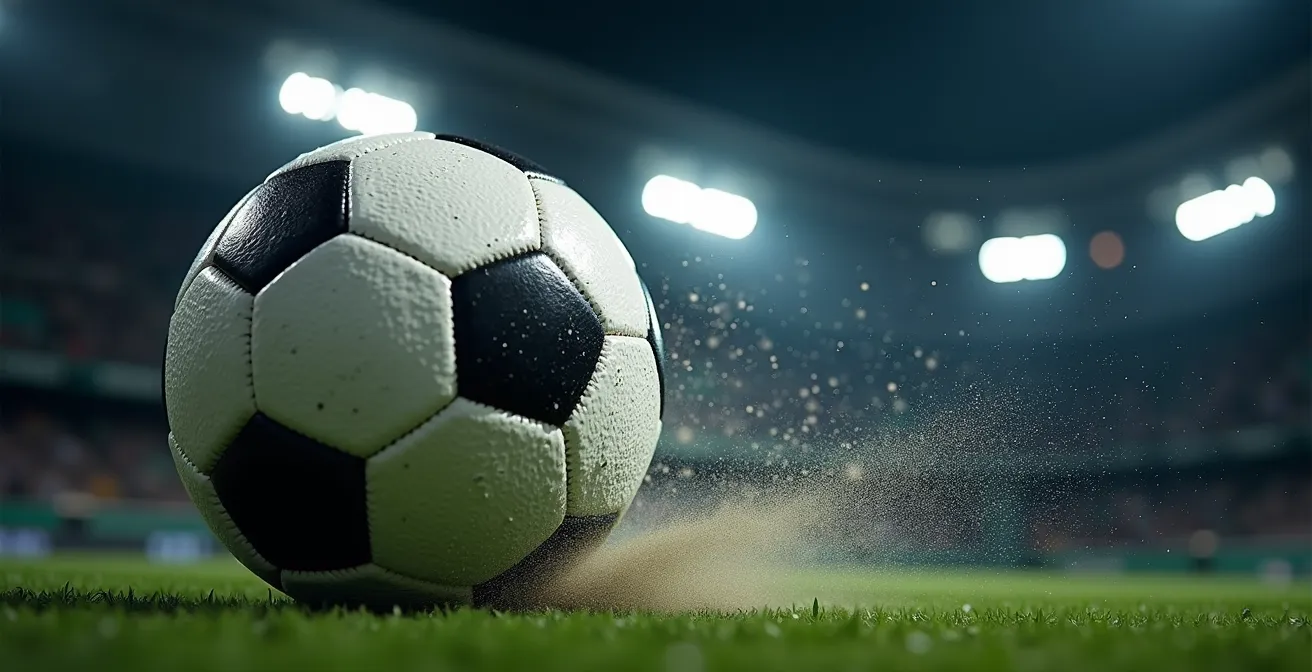 Vue macro d'un ballon de football en rotation capturant l'effet Magnus avec des traces de flux d'air visibles