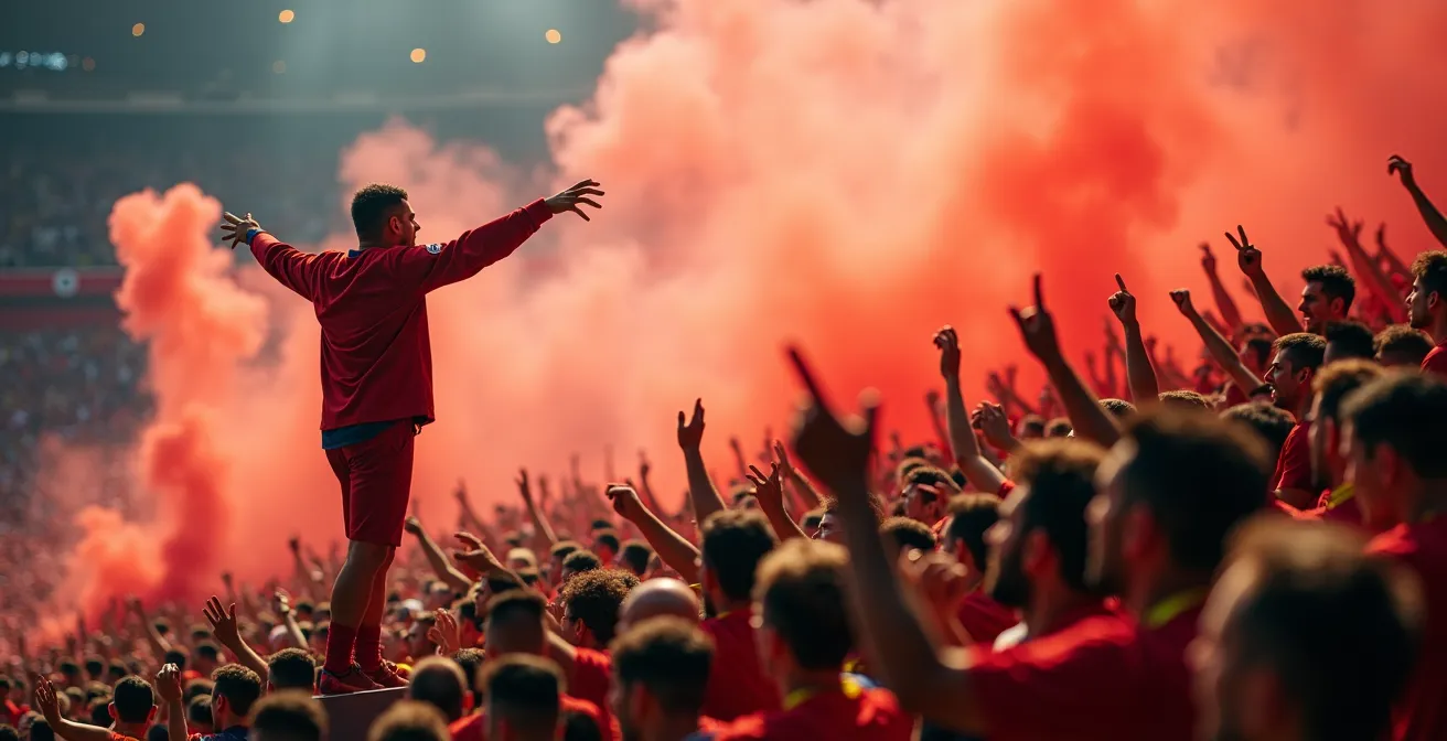 Vue plongeante sur les virages d'un stade avec supporters chantant et déployant tifos colorés