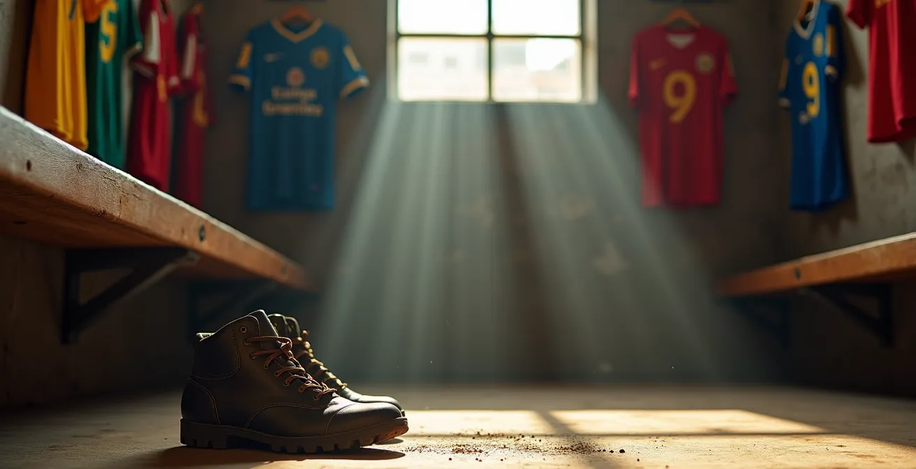 Vestiaire de football amateur avec maillots suspendus et lumière naturelle