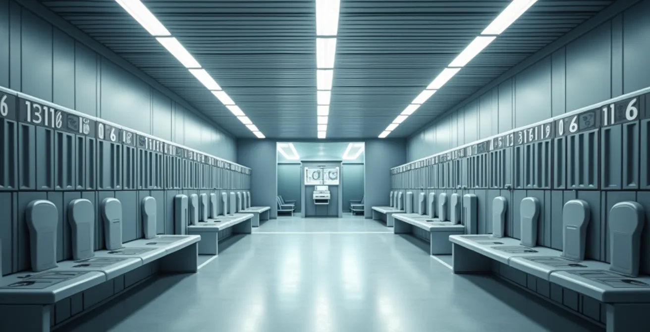 Vue d'ensemble d'un vestiaire moderne de stade français pendant la mi-temps, montrant l'organisation et l'équipement professionnel